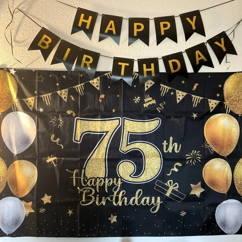 75TH HAPPY BIRTHDAY BACK DROP, BANNER, 8 TABLE DÉCOR 11 BALLOONS